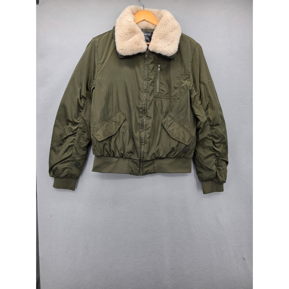 Mila & Tiff Olive Green Bomber Jacket Faux Fur Collar Womens Large NYJK559 Coat